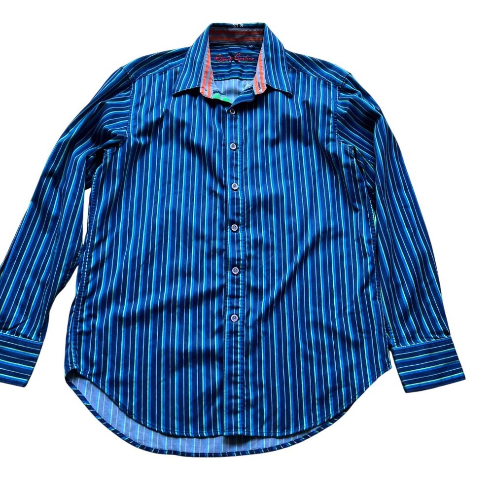 Robert Graham Size L Blue Green Striped 100% Cotton Long Sleeve Button-Up Shirt